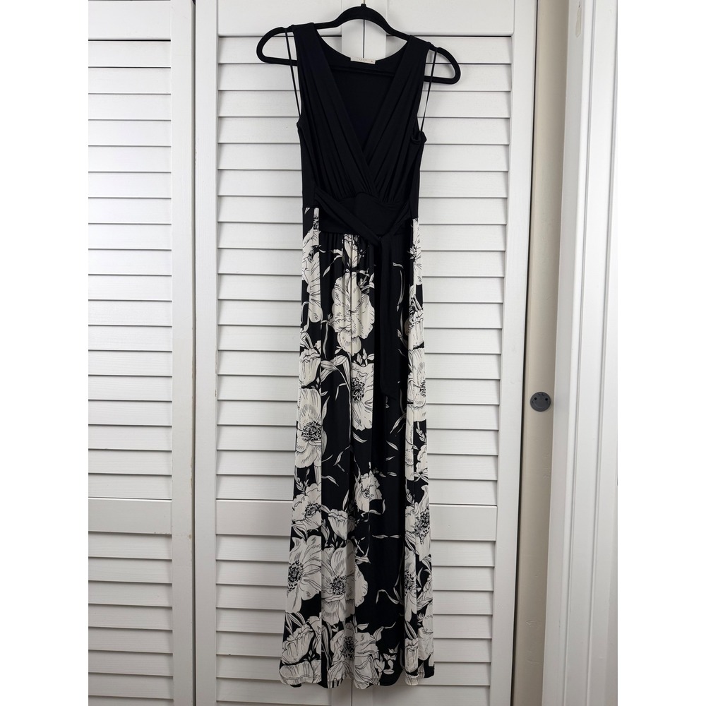 Le Lis Maxi Dress Women L Black White Floral Sleeveless Wrap Tie Waist USA